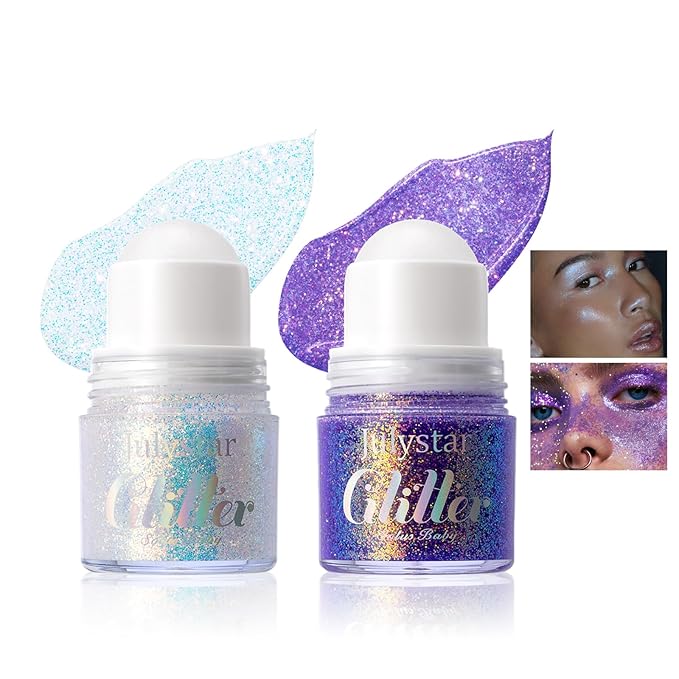 2 Pcs Roll-on Body Glitter Gel Glitter Stick, Long Lasting Mermaid Shine Hair Eyeshadow Face Body Glitter Sequins Concerts Music Festivals Halloween Party Looks Sparkle Shimmer Makeup