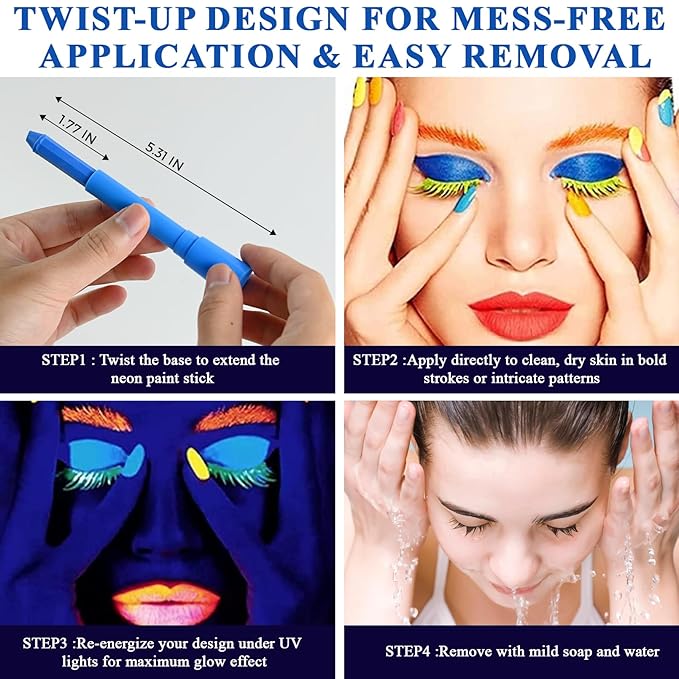 Glow in the UV Light Paint, Non-Toxic Neon Face Paint, Washable & Compact Glow Face Paint for Halloween, Cosplay, Party 12 PCS