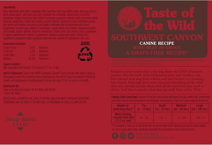 Taste of the Wild Southwest Canyon Wet Food Beef in Gravy 13.2oz Case of 12 | Puppy & Adult Dogs | Grain Free Recipe* | Complete & Balanced to Satisfy Finicky Dogs | Sweet Potatoes for All Day Energy
