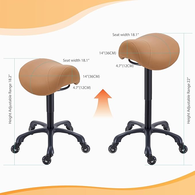 Saddle Salon Stool with Wheels,Heavy Duty Adjustable Rolling Stool for Barber, Tattoo, Nail,Spa,Dentist(Brown)