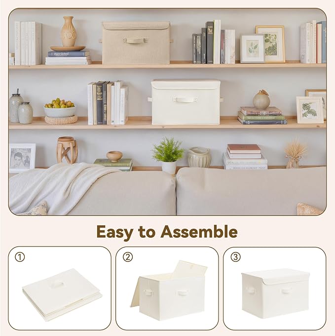 GRANNY SAYS Memory Keepsake Storage Box, Fabric Storage Bins with Lids | Flip-Top Lid, Collapsible, Stackable, 3 Handles, Ideal for Closet Clothes Blanket Toys, Large, Ivory White&Khaki, 2-Pack