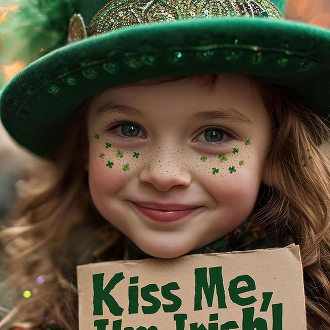 St. Patrick's Day Temporary Tattoos - Glitter Green Lucky Clover Freckle Tattoos, Shamrock Face & Body Decals for Irish Party, Festival Makeup, Kids & Adults (6 Sheets, Waterproof)