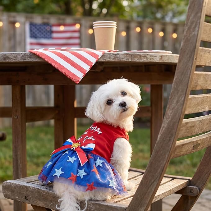 4th of July Pet Clothes for Small Dogs, 250th Independence Day Dog Seersucker Dresses Stars and Stripes Patriotic Pet Doggie Apparel Stretchable Outfit, L Size
