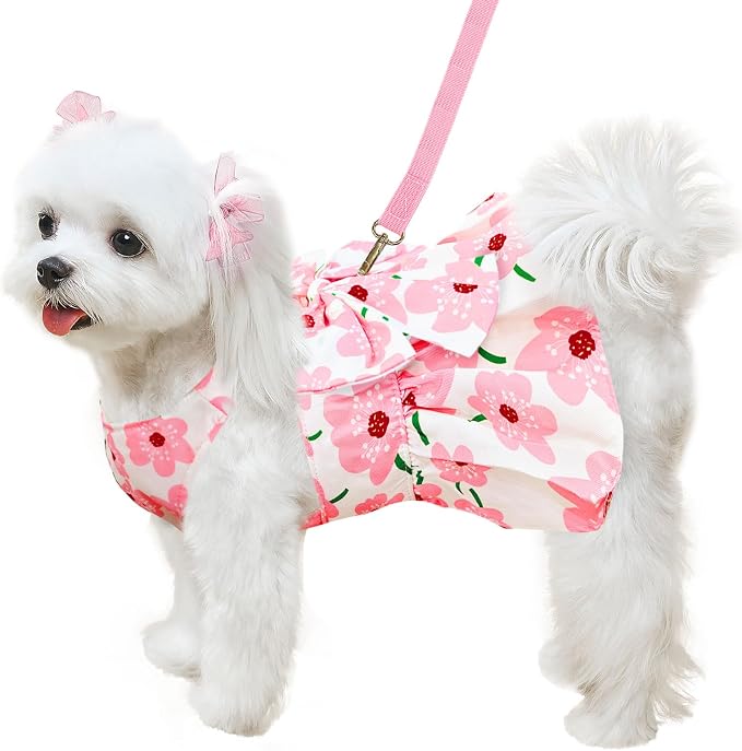 ABRRLO Cute Dog Dress Small Dog Clothes for Girls Female Puppy Outfits Pink Floral Pet Summer Clothes Bowknot Doggy Cat Princess Dress Harness Set for Holiday Birthday Party Costume Clothing (Pink,L)