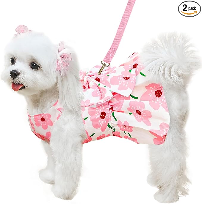 ABRRLO Cute Dog Dress Small Dog Clothes For Girls Female Puppy Outfit Pink Floral Pet Summer Clothes Bowknot Doggy Cat Princess Dress Harness Set for Holiday Birthday Party Costume Clothing (Pink,XXL)