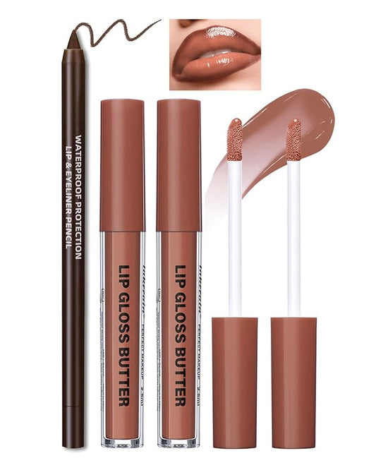 3Pcs Hydrating Lip Gloss with Brown Lip Liner Combo Set,Plumping Lip Liner Moisturizing Nude Tinted Lips Glow Oil,Lightweight Non Sticky Liquid Lipstick Women Lipstain Makeup Long Lasting Lipgloss -08