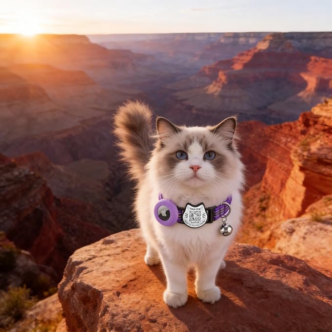 Cat Collar with AirTag Holder, QR Code Tag and Bell (Purple, Dot Matrix)