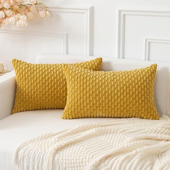 Kevin Textile Soft Corduroy 14"x20" Pillow Cover 1 Pack, Mustard Yellow | Boho Stripe Plush Corduroy Decorative Oblong Cushion Cover Modern Farmhouse Home Decor for Sofa Couch Bed Chair