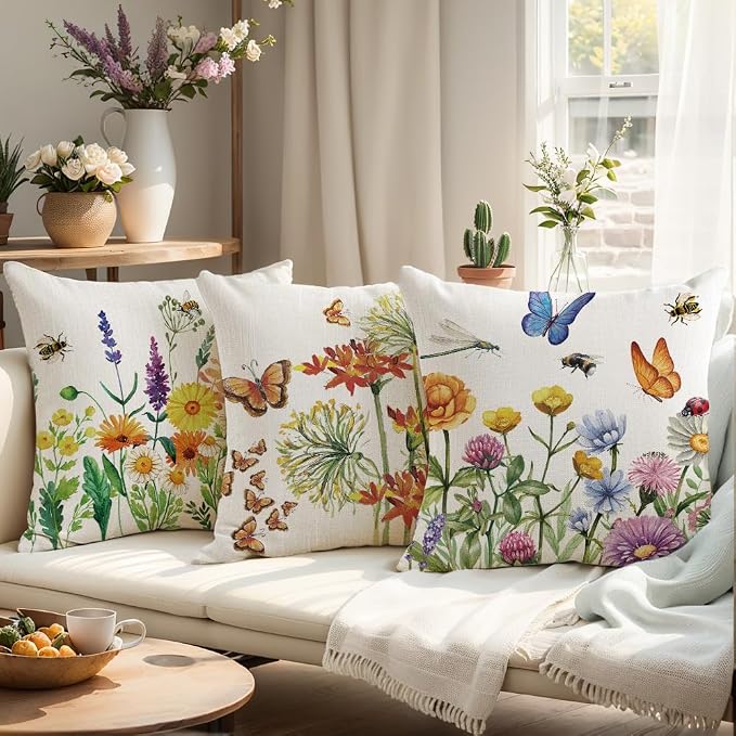 wyooxoo Throw Pillow Covers 20x20 Set of 4 Summer Spring Pillow Covers Flower Butterfly Farmhouse Cushion Case for Sofa Couch Outdoor Patio