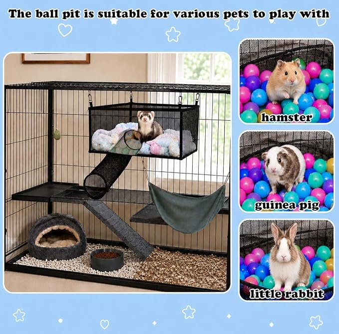 Ferret Ball Pit Hammock for Cage with 60 Colorful Play Balls, Interactive Hanging Enrichment Toy, Compatible with Ferret Tunnel Systems, Fun Activity Center for Ferrets and Small Animals
