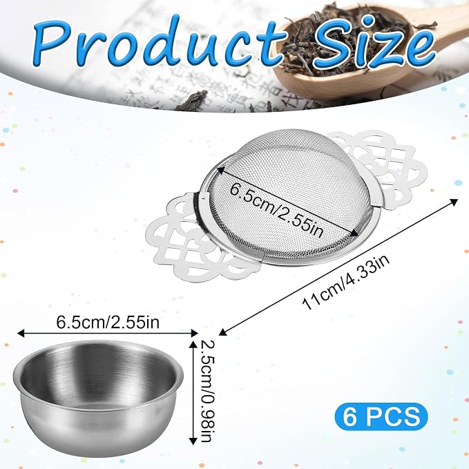 6 Pack Tea Filter Strainers Stainless Steel Loose Tea Infusers 2.5 Inch Tea Steeper with Double Wing Extender and Drip Bowl Sliver Small Fine Mesh Tea Strainers for Loose Tea Juice Coffee Filter