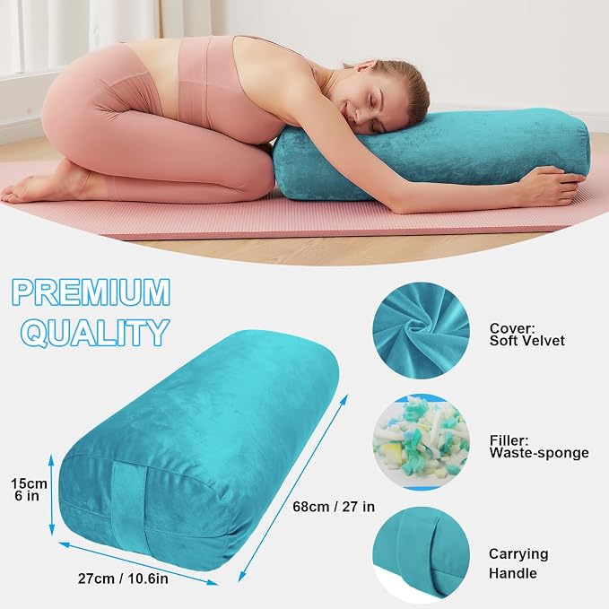 Yoga Bolster Pillow for Restorative & Yin Yoga - Meditation Pillow with Velvet Cover - Rectangular