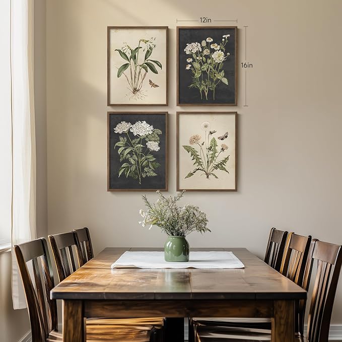 Framed Vintage Botanical Floral Wall Art for Living Room, 4 Piece 12x16 In | Farmhouse wall decor, Flower pictures, Rustic retro paintings, Ready to hang canvas prints, Kitchen bedroom bathroom decor
