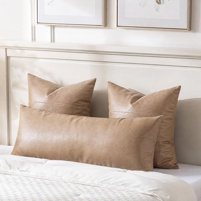 Fancy Homi Tan Boho Long Lumbar Faux Leather Body Decorative Throw Pillow Cover 14x40 Inch for Bedroom Couch Bed Sofa, Stylish Solid Rectangular Beige Pillowcase, Rustic Modern Farmhouse Room Decor