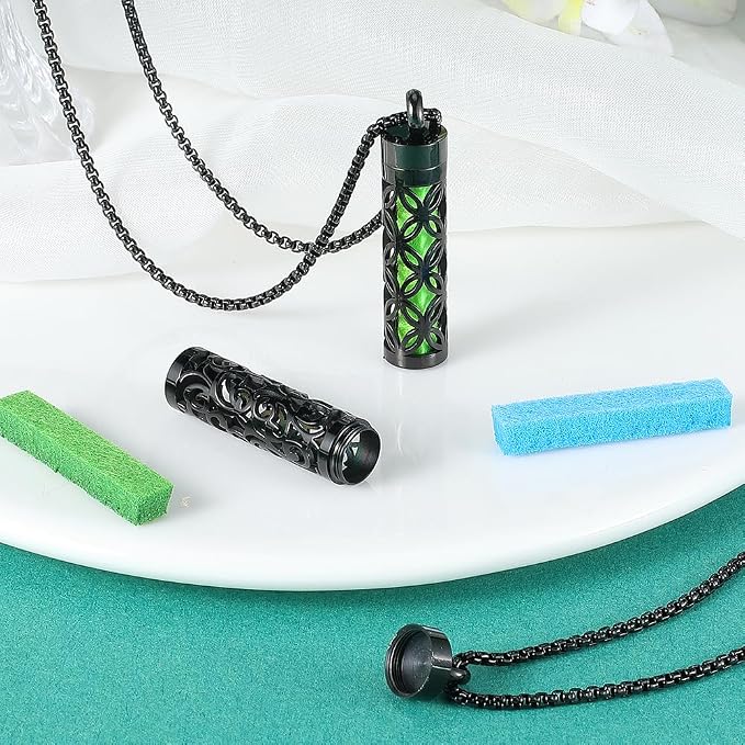 PH PandaHall Essential Oil Diffuser Necklace 2 Styles Black Aromatherapy Necklaces Stainless Steel Locket Pendant with 20pcs Refill Pads Perfume Bottle Necklace for Women Men Birthday Jewelry Gifts