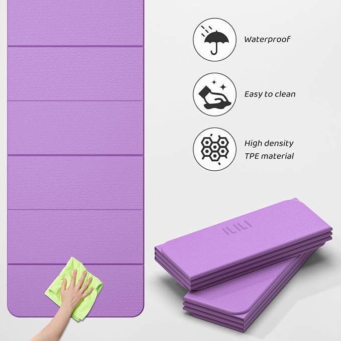 ILILI Foldable Yoga Mat 71 * 24 * 0.3'' - TPE Non-Slip Fitness Mat for Home，Waterproof & Lightweight (2lb) for Home Gym, Pilates & Stretching,Fitness Workouts