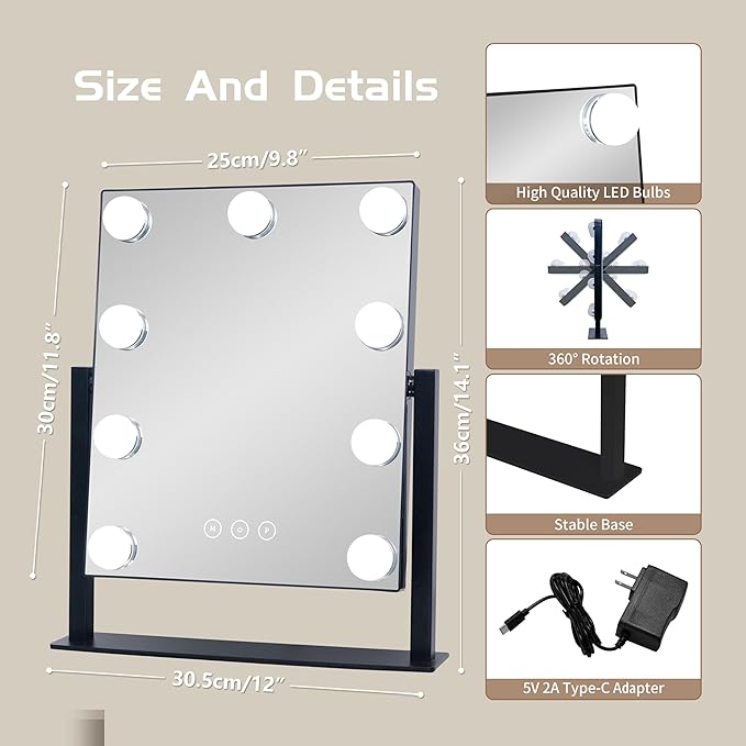 NUSVAN Vanity Mirror with Lights,Makeup Mirror with Lights with 9 Dimmable LED Bulbs, 3 Color Lighting Modes Detachable 10X Magnification Mirror Touch Control,360°Rotation