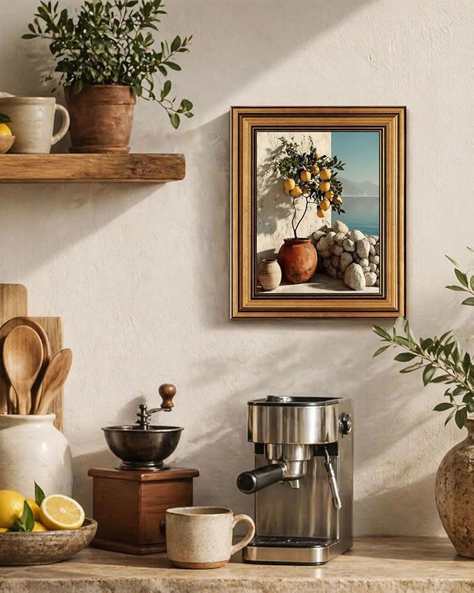 Gold Framed Wall Art, Vintage Mediterranean Lemon Tree Canvas Prints, Coastal Summer Picture Wall Decor, Rustic Italian Landscape Artwork for Kitchen, Living Room, Dining Room 9x11 inch