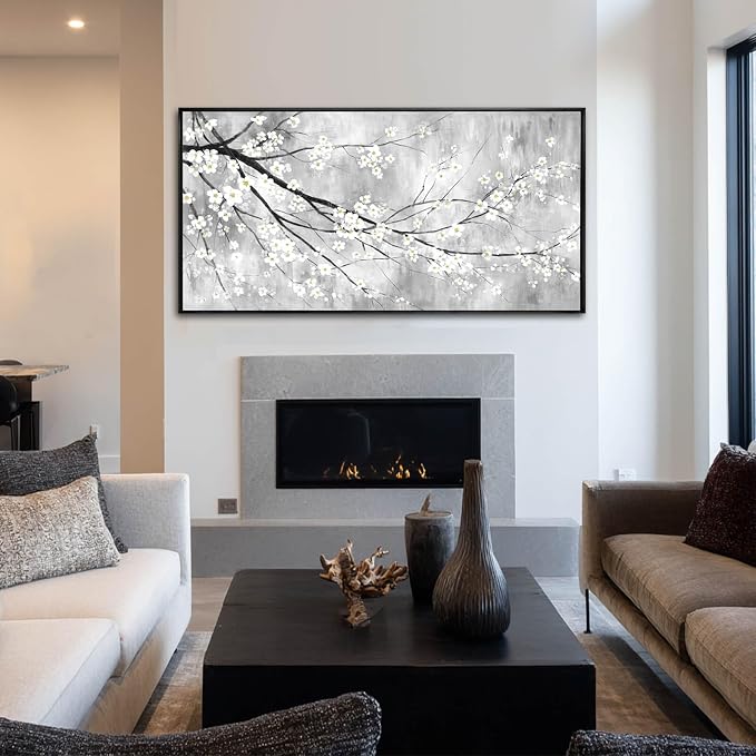 Large Black Framed Minimalist Plum Blossom Wall Art Living Room 29x58 Inch