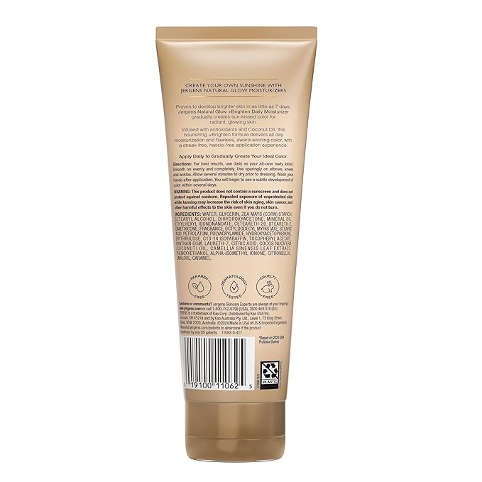 Jergens Natural Glow Self Tanner Body Lotion, Daily Sunless Tanning, Medium to Deep Skin Tone, Daily Moisturizer with Coconut Oil, Vitamin E and Antioxidants, 7.5 Oz, Pack of 2