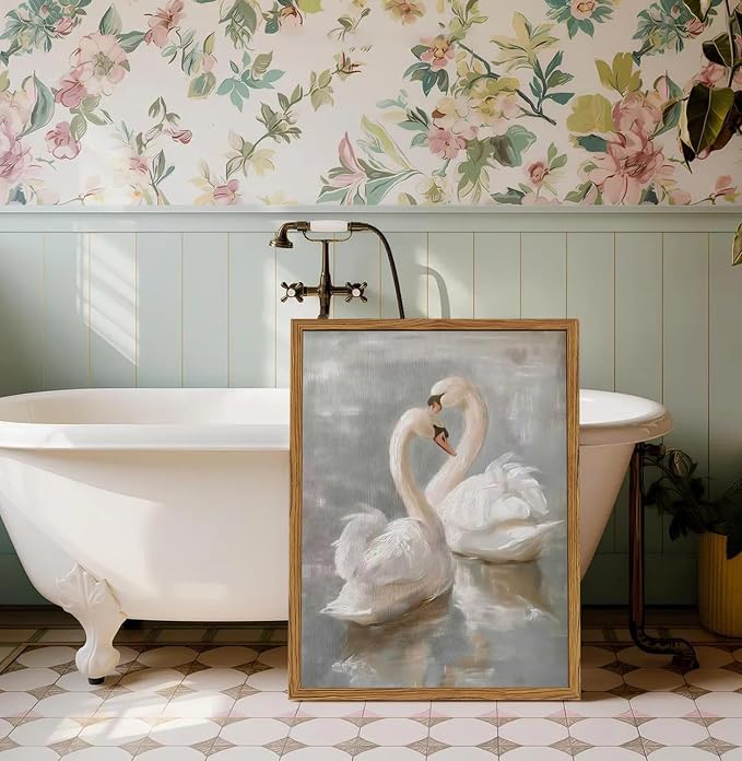 Framed Vintage Swan Canvas Wall Art, Romantic White Swan Paintings Wall Decor, Rustic Animal Pictures Prints Farmhouse Home Decor for Living Room Bedroom 12x16 inch