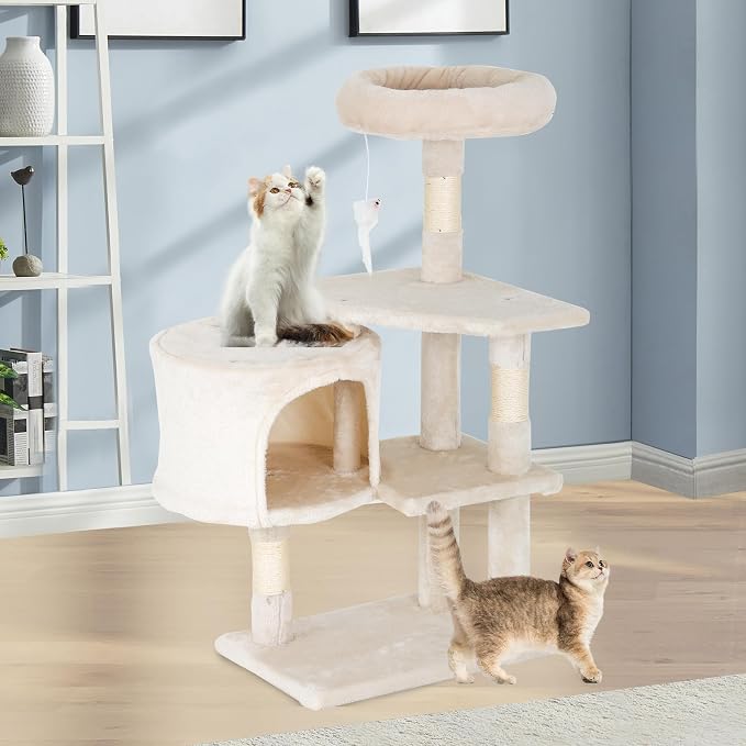 FDW | 36" Cat Tree Tower | Beige | Multi-Level Indoor Activity Center | with Sisal Scratching Posts, Condos, Plush Perches, Hanging Cat Toys | Sturdy, Easy to Assemble | for Kittens & Adult Cats