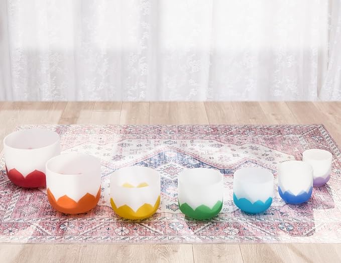 432Hz 6-12 Inch Set of 7 Lotus Quartz Crystal Singing Bowls with Gradient Colored Design, 2 Travel Carry Case Bags and Resonance Striker for Meditation and Sound Therapy