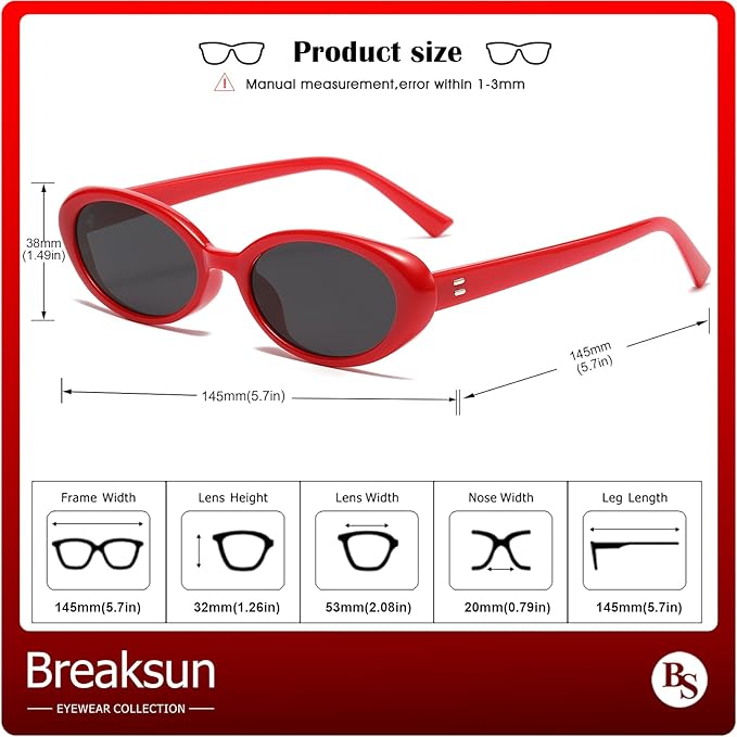 Breaksun Retro Oval Sunglasses for Women Men Fashion Small Oval Sunglasses 90s Vintage Shades