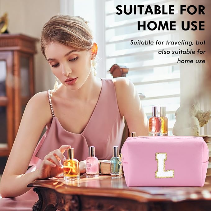 URSKYTOUS Initial Makeup Bag for Women Travel Small PU Leather Cosmetic Bag Cute Pink Personalized Preppy Chenille Letter Makeup Pouch for Purse Zippered Toiletry Organizer Makeup Case Ideal Gift（L）