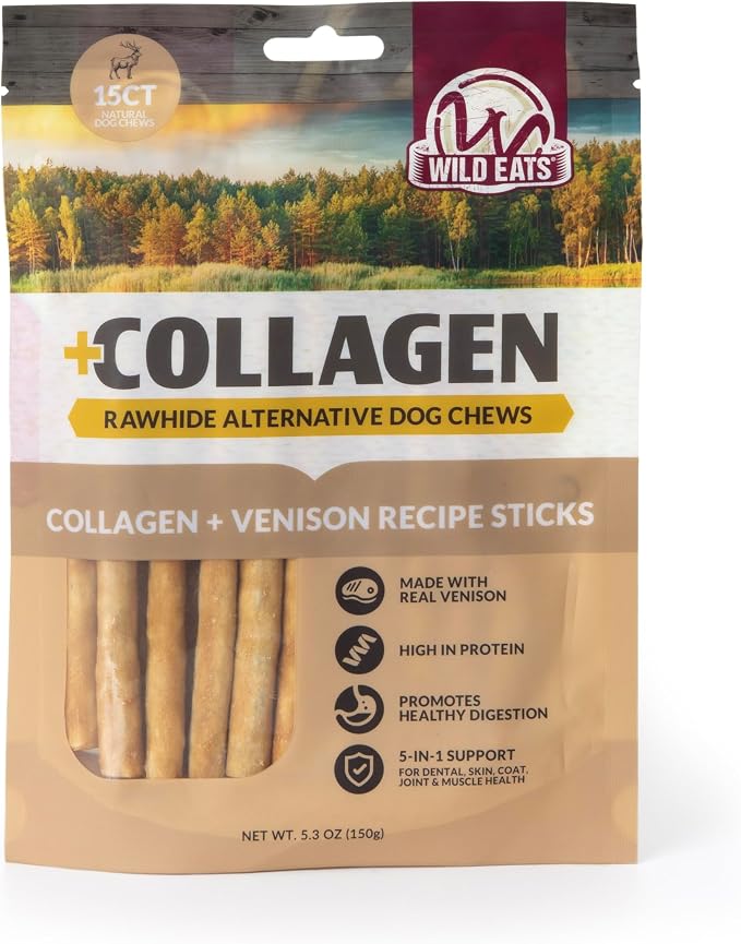 Wild Eats Venison Collagen Sticks for Dogs 15 Pack, Bully Stick Alternative | Rawhide and grain free no hide chew treats, 1 cm chew width, high protein, long lasting, satisfies natural gnawing urges