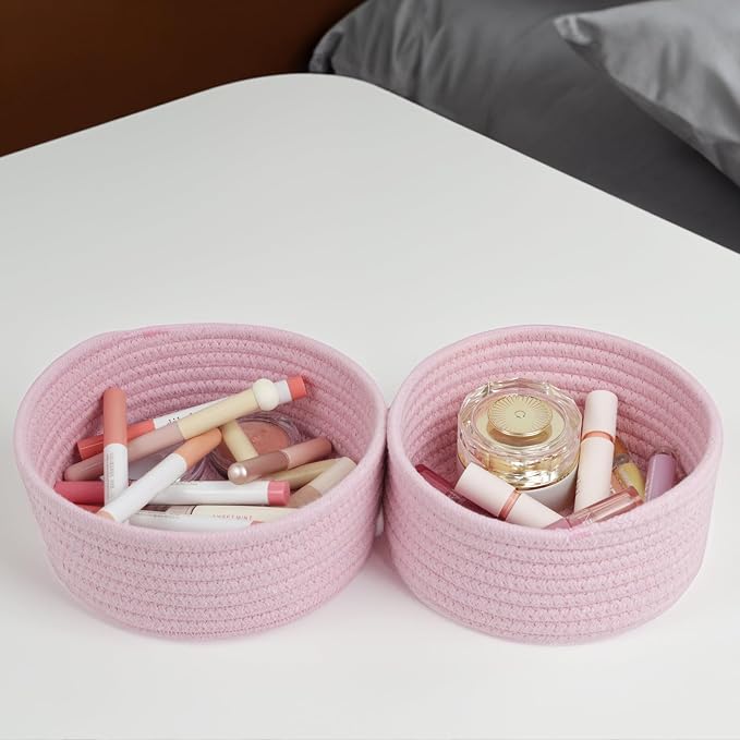 Small Woven Cotton Rope Baskets, Set of 3, Pink | Mini Round Baskets, Gift and Storage Baskets, Nursery Organizer, Bathroom Countertop Bins, Decorative Boho Decor