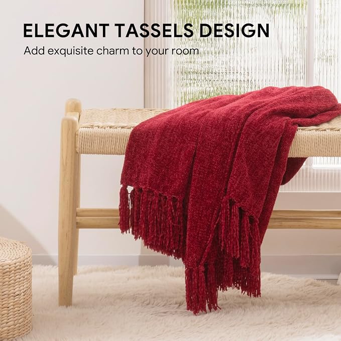RECYCO Chenille Christmas Throw Blanket for Couch, 50"x60", Christmas Red | Super Soft Knit Throw Blanket with Fringe Tassels, Lightweight Knitted Throw, Cozy, Ideal for Sofa Chair Bed Living Room Gift