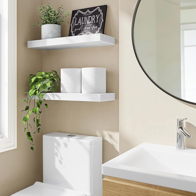 Fixwal Floating Shelves for Wall Decor (White, Set of 2, 15.7 Inch) | MDF Shelves with Metal Brackets, Space Saving for Books, Decor, Works in Bathroom, Kitchen, Living Room, Bedroom