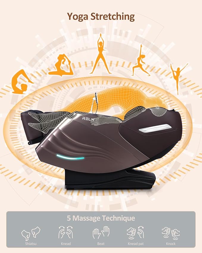 RELX 2025 Massage Chair Full Body, 15 Modes Zero Gravity SL-Track Shiatsu Massage Chair Built-in Heat System, Airbag Massage with Body Scan, Deep Yoga Stretch, Calfrest Extension and AI Control(Brown)