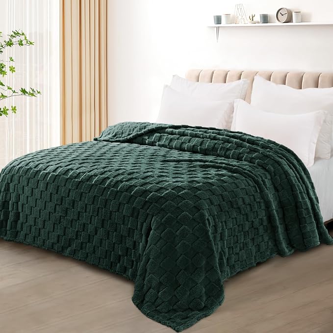 Exclusivo Mezcla 3D Checkered Fleece Queen Blanket for Bed, Green | Super Soft and Cozy Fluffy Blanket, Lightweight, Breathable, Decorative Blanket for Living Room, Bedroom, All Season, 90"x90"