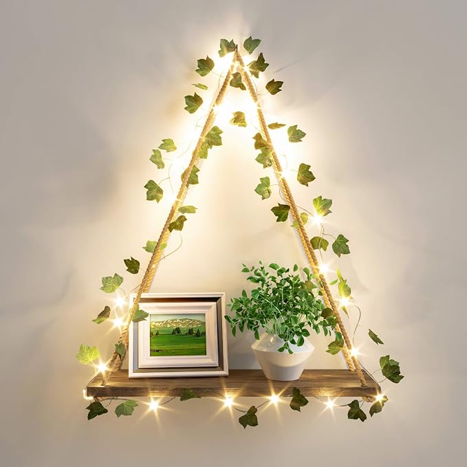 RICHER HOUSE Hanging Floating Shelves No Drill, Macrame Plant Wall Shelf | Boho Trinket Shelf with Artificial Ivy and LED Lights, Cute Wall Art Aesthetic Decor, for Bedroom, Dorm, Two-Way Install