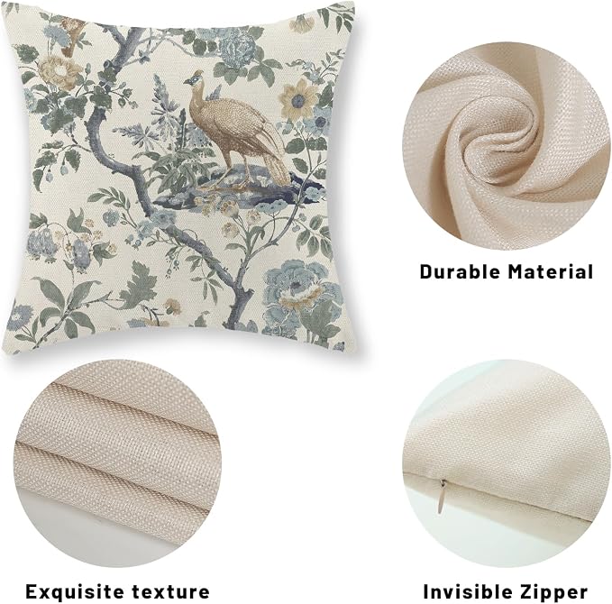 Chinoiserie Pillow Covers 20x20 Set of 2 Blue Bird Floral Throw Pillows Vintage Blue Green Flowers Decorations Outdoor Pillowcase Chinoiserie Decor Farmhouse Cushion Case for Couch Home