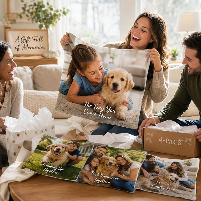 Bemaystar Custom Pillow Set of 4, Personalized Photo Pillow Covers with Picture Text, Made in USA, Custom Gifts for Family Pet Couple, Decorative Throw Pillow Gifts for Birthday Christmas (No Insert)