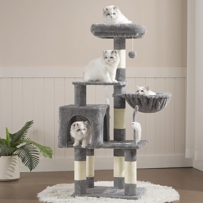 Heybly Cat Tree with Toy, 43.3 inch Cat Tower for Indoor Cats HCT004SW | Cat Condo with Durable Sisal Scratching Posts, Cat House with Padded Plush Perch, Cozy Hammock, Light Gray