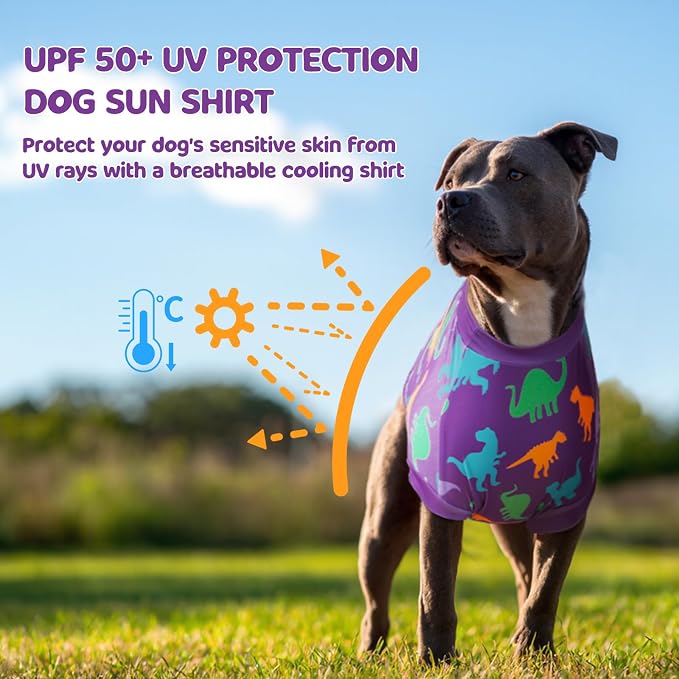 UPF 50+ Sun Protection Dog Shirt - Sleeveless Cooling Vest for Large Dogs Boy, Quick-Dry Pet T-Shirt with Funny Dinosaur Horns, UV Protective Breathable Dog Clothes U-COSBX01L