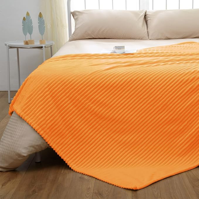 Vessia Flannel Fleece Throw Blanket for Couch,Sofa,Bed, 300GSM Microfiber Light Orange Striped Chair Blanket for Adults and Kids, Super Soft Warm Cozy Lightweight Ribbed Throw for All-Season