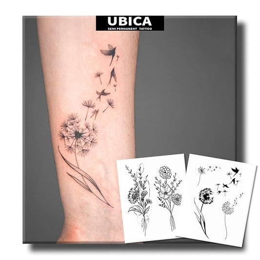 Semi Permanent Tattoo, 2 Sheets Long Lasting Dandelion Temporary Fake Tattoos For Women Arm Ankle Back，Sunflower Hydrangea For Women Adults Girls, Realistic, Waterproof and Non-Reflective