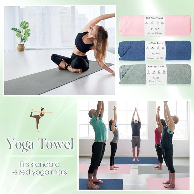 Hahafelt 3 Pack Hot Yoga Mat Towel Non Slip Microfiber Pilates Towel with Grip Dots & Elastic Straps, 72" x 26" Absorbent Sweat Anti-Slip Hot Yoga Gym Mat for Fitness Workout(Morandi Pink Blue Green)
