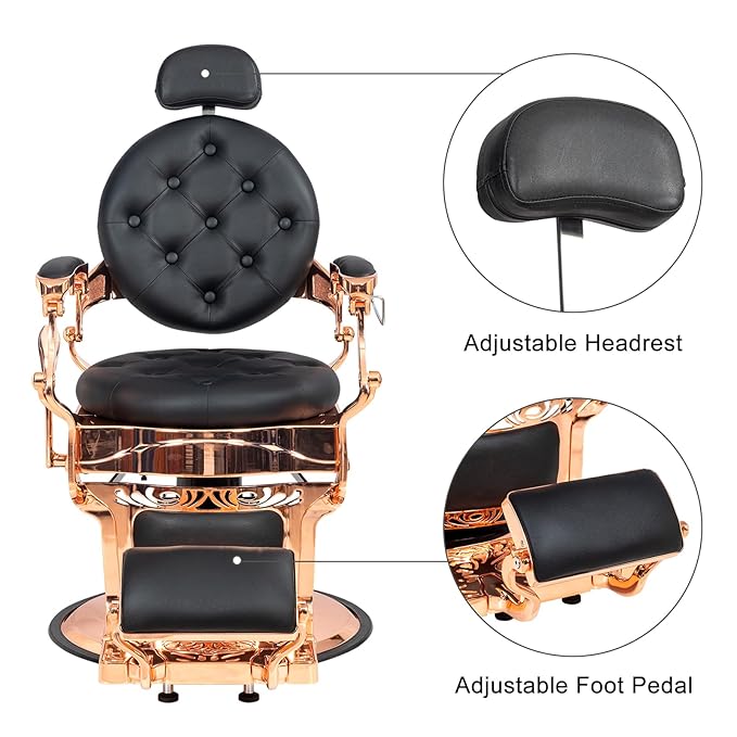 Winado Heavy Duty Vintage Recline Barber Chair Hydraulic with Headrest, Supports up to 700lbs & 360° Rotatable, Professional Salon Beauty Spa Shampoo Equipment (Rose Gold - Button Style)