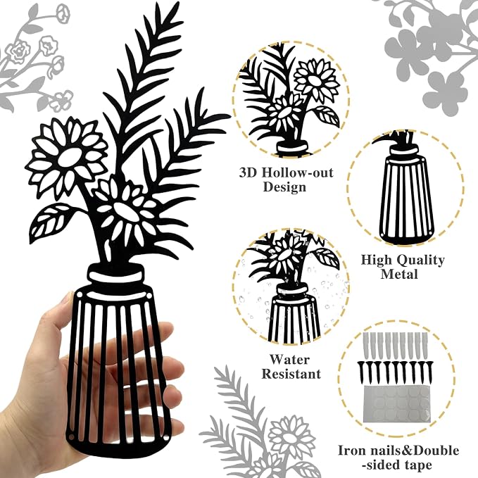 3 Pcs Metal Flowers Wall Arts,Black Metal Vase Wall Art,Iron Art Painting,Rustic Farmhouse Decor Minimalist Flower Decor for Bedroom Bathroom Living Room Dining Room(Black, Vase-B)