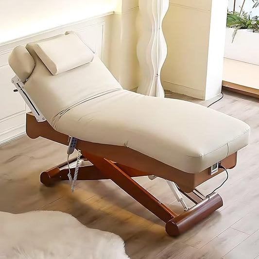 Electric Treatment Massage Table with Wooden Cross Base Design,Beauty Spa Bed Includes One-Button Lifting Function,Heating Design for Beauty Salon,Massage Shop(Wood Color)