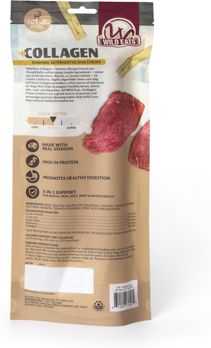 Wild Eats Venison Collagen Cheek Rolls 10" Chews 3pk Pig Ears Substitute | Long lasting treats and bones for medium dogs, retriever style texture, 3 per bag, satisfies natural gnawing urges daily
