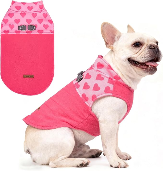 Fleece Dog Sweater - Valentine's Day Romantic Heart Dog Jacket, Winter Coat Vest with 2 D-Rings for Leash, Warm Pet Cold Weather Clothes Sweatshirt Outfits for Puppy Boys or Girls Pink L
