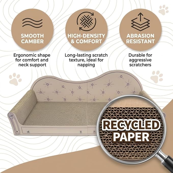 Cat Scratcher Couch, 26’’ Large Cardboard Scratcher Bed - Orthopedic Pet Lounge with Scratching Pad, Furniture Protector for Indoor Cats