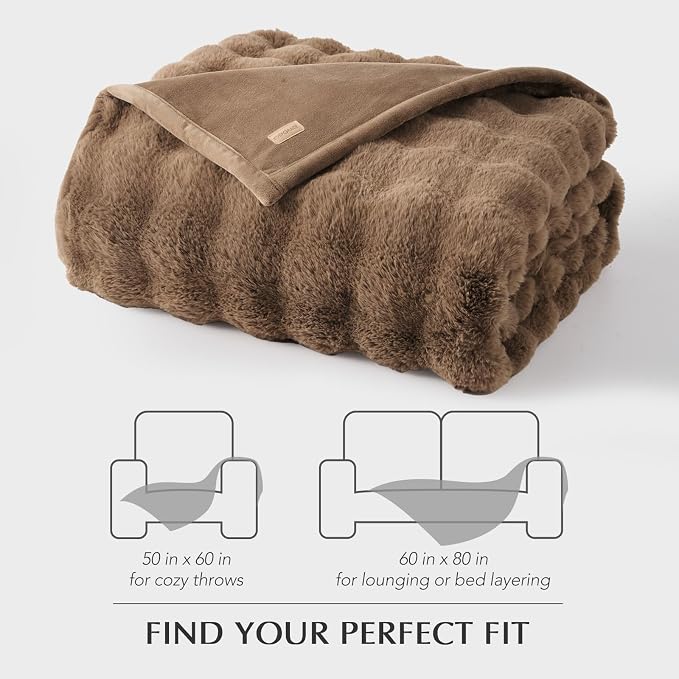 Faux Rabbit Fur Bubble Throw Blanket, 60"x80", Natural Tan | Ultra Soft, Luxury Faux Rabbit Fur Throw, Thick Warm Bubble Blanket, Cozy Fluffy Reversible, for Bed, Couch, Chair, Sofa